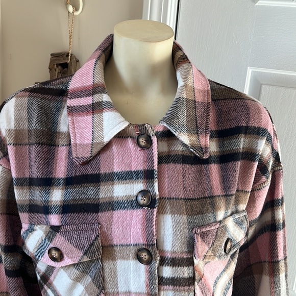 hyfve Pink Cream Tan Black Plaid Cropped Button Down Jacket L - Picture 5 of 11